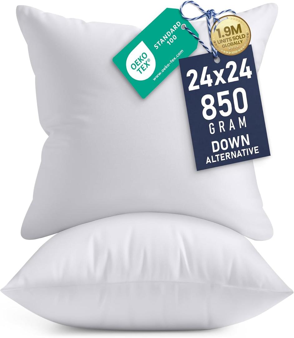 2 x Utopia Bedding 24x24 Pillow Inserts, Set of 2, White – Indoor Decorative Throw Pillows for Bed, Sofa & Couch – Soft, Supportive & Fluffy Cushion Inserts