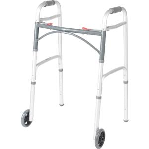 Drive Medical Two-Button Folding Walker With Wheels - Lightweight Rolling Mobility Support - Adjustable Height - Dual Push-Button Operation - 5 Inch Front Wheels - Durable Aluminum - Silver