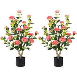 Artificial Camellia Tree 2 Pack - Realistic Camellia Plants in Pot with Pink Flowers, Lifelike Faux Greenery for Living Room, Patio, or Wedding,Pink