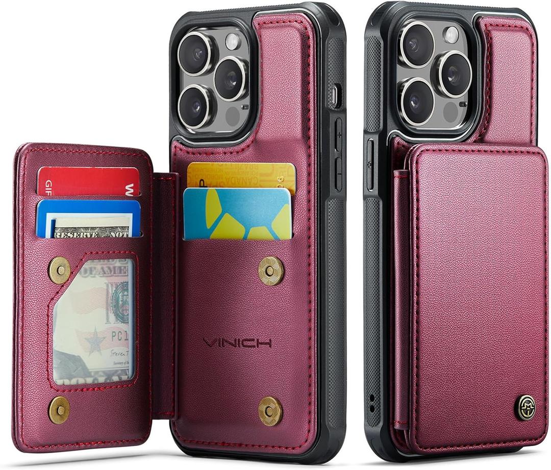 Vinich for iPhone 14 Pro Wallet Case with Card Holder, RFID Blocking Credit Slots Kickstand Shockproof Phone Cover Fit for iPhone 14 Pro 6.1" Wine Red