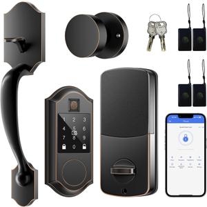 Smart Door Lock Set, Fingerprint Keyless Entry Door Lock with Interior Knob, Front Door Lock Set with Keypad and Deadbolt, Smart Locks for Front Door -APP Control, Auto-Lock, Oil Rubbed Bronze
