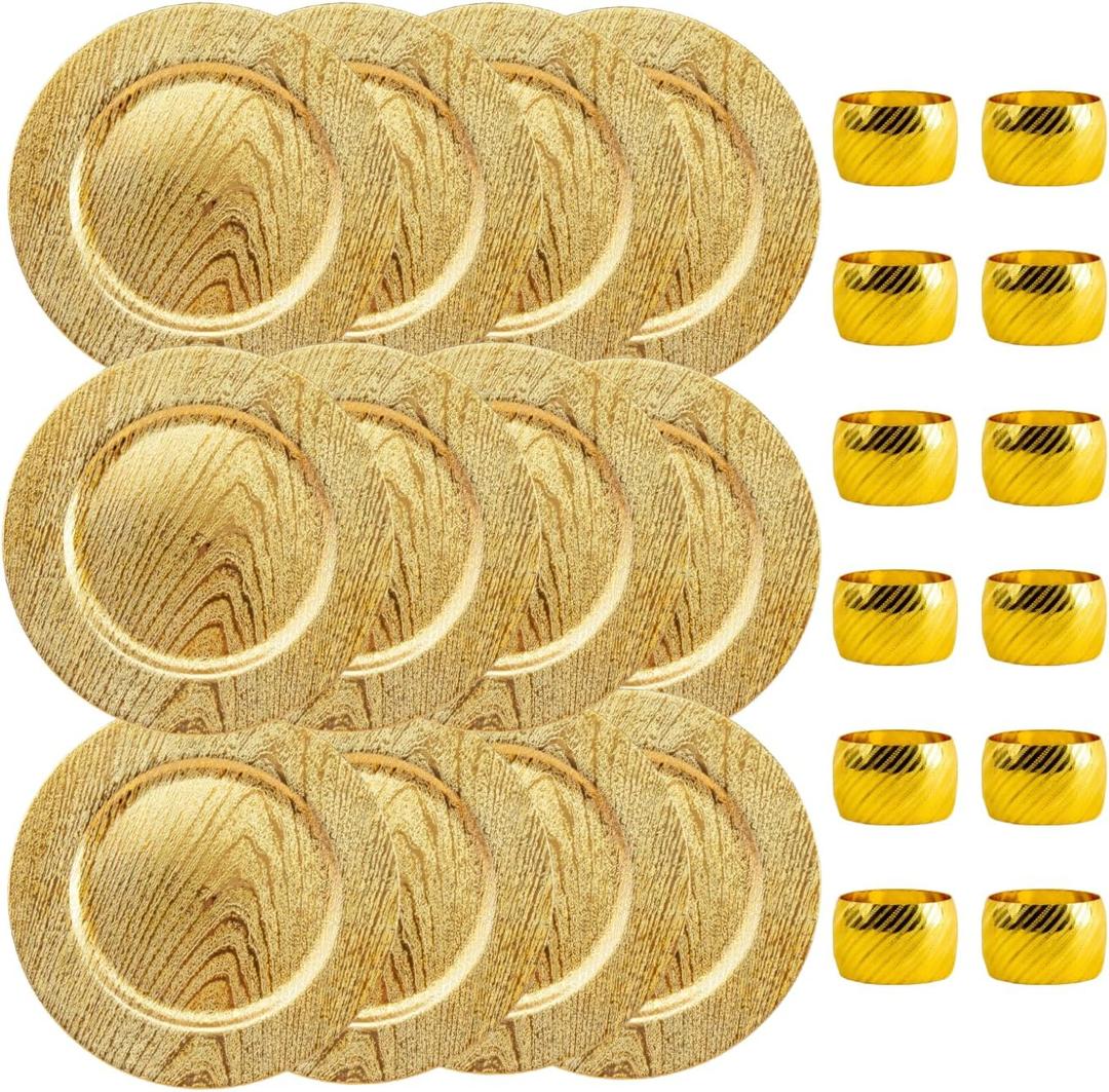 13 Inch Round Elegant Serve ware Charger Plates with Matching Napkin Rings, Wedding, Dinner party, Event - Choose from our Variety of Styles and Quantities (12, Moslem Gold)