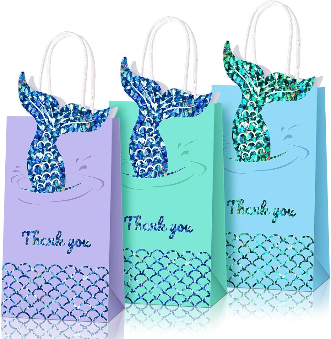 Sabary 18 Pcs Mermaid Party Favors Bags Summer Mermaid Themed Goodie Treat Candy Gift Paper Bags with Handles for Girls Kids Birthday Baby Shower Under The Sea Ocean Decorations, 3 Colors