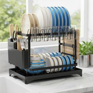 2-Tier Dish Drying Rack for Kitchen Counter, Carbon Steel Space-Saving Drying Rack with Adjustable Drain Pipe & Cutlery Holder, for Small Kitchen Apartment RV