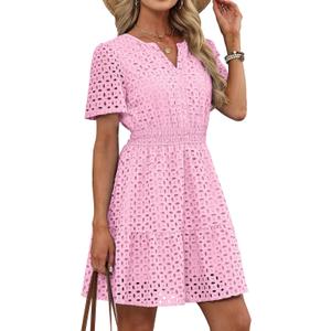 RUMIA Womens Dresses 2026 Summer V Neck Eyelet Lace A Line Short Dress (Pink, M)