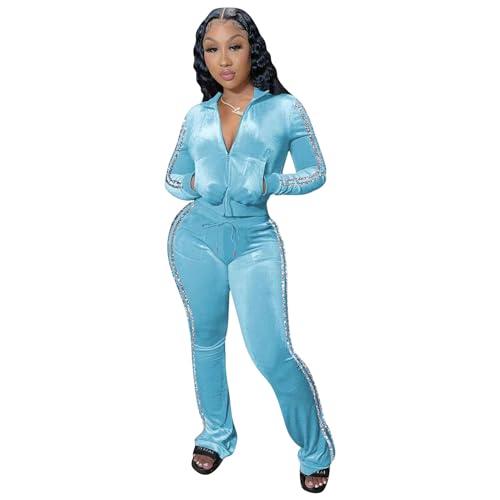 Two Piece Sexy Outfits for Women Womens 2 Piece Velour Jogger Tracksuit,Long Sleeve Full-Zip Up Velvet Crop Tops Jacket Flared Pants Matching Set Sportswear Sweatsuit Pockets Patchwork Glitter Stripe M