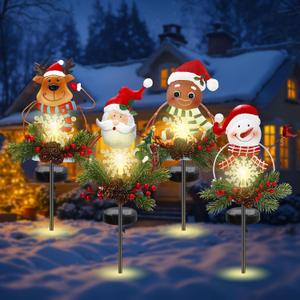 4 Packs Solar Christmas Stakes Xmas Lights Metal Garden Santa Claus Snowman Gingerbread Man Elk Pathway Lights Decorations for Holiday Walkway Yard Outdoor Lawn Patio Front Porch Cemetery
