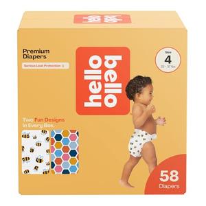 Hello Bello Premium Diapers Size 4 (22-37lbs), Busy Bees & Hive Five Designs, 58ct Club Box