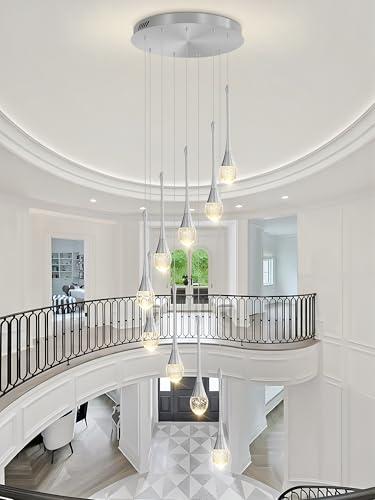 ykolupty 9-Lights Silver Staircase Chandeliers Crystal Bubble Raindrop Pendant Chandelier 100'' High Ceiling Living Room Crystal Chandeliers Dimmable 2700-6000k LED Loft Ceiling Lighting