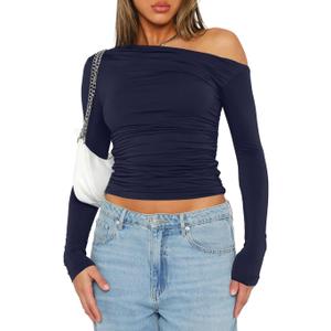 Darong Women's Casual Boat Neck Off Shoulder Long Sleeve Slim Fit Crop Top Going Out Shirts Y2K Tight T Shirts 9026 Dark Blue, Small