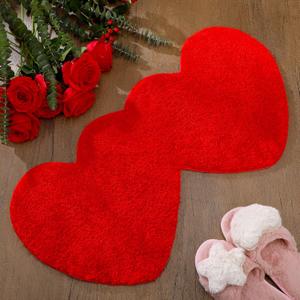 Hoolerry Valentines Heart Rug Double Heart Shaped Bathroom Rug Decorative Non Slip Doormat Washable Love Shag Shower Mat Home Bedroom Living Room 15.75 x 31.5 Inch(Red)