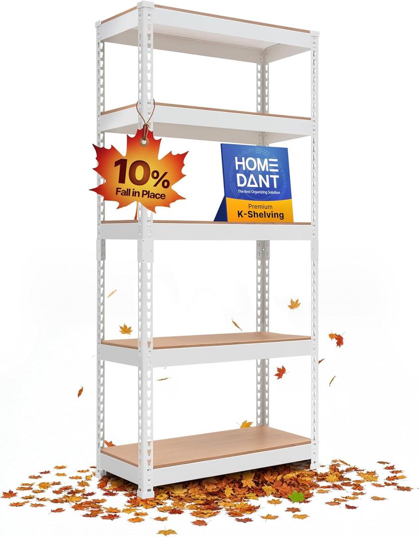 HOMEDANT 5 Tier Laminated White Boltless Metal Shelving Unit Adjustable Garage Storage Utility Rack Heavy Duty Shelves Organization Multipurpose Shelf Warehouse Pantry 28" W x 12.3" D x 59.5" H 1Pack