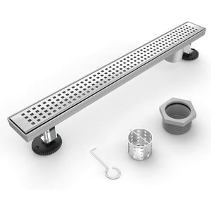 Shower Drain Offset Outlet for Bathroom: 24-Inch Brushed Nickel Linear Shower Drain with Removable Grate - 304 Stainless Steel Shower Floor Drain Side Outlet with Hair Catcher, Adjustable Feet