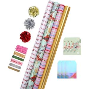 LaRibbons Christmas Wrapping Paper Sets, Classic Reindeer Stripes & Happy Holiday Design with Ribbons & Gift Tags & Metallic Pom Pom for Christmas, Holiday30Inch  10Feet 4 Rolls: 100 Sq.Ft.Ttl