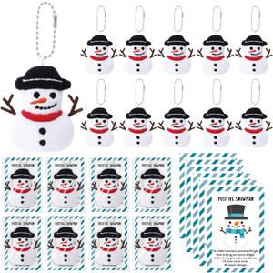 Hotop 20 Sets Snowman Plush Keychains Bulk, Positive Gift Set with Motivational Cards and Bags for Employee Coworkers Staff Emotional Inspirational Winter Holiday Ornaments Party Gifts