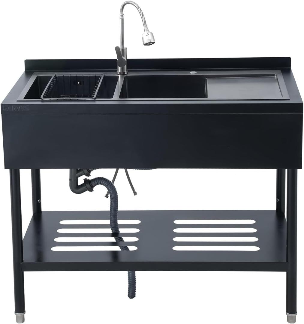 Freestanding stainless steel utility sink with faucet, double bowl kitchen basin with drainboard, portable cabinet design, adjustable legs, storage shelves, rustproof, 47.5"x24"x38.9", black
