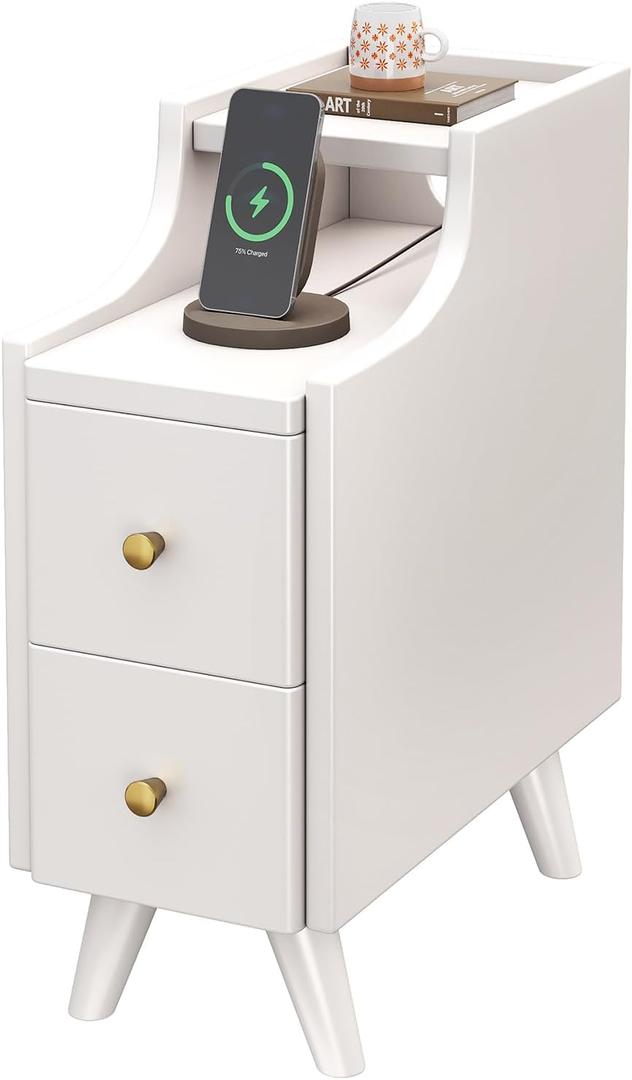 Narrow Nightstand 7.9" for Small Spaces, Solid Wood Night Stand with Drawers Side Table Mid Century Modern End Table for Bedroom (White)