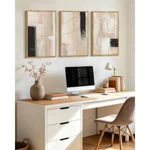 KUVIOKE Abstract Framed Wall Art Minimalist Beige Pastel Watercolor Neutral Wall Decor Modern Black Line Art Painting Home Decor 16x24in (Natural Framed)