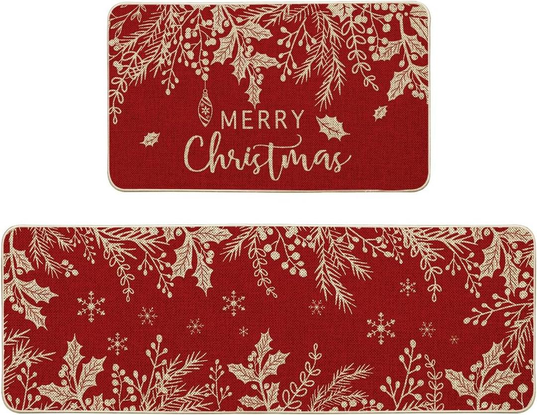 Artoid Mode Holly Pine Branches Leaves Merry Christmas Kitchen Mats Set of 2, Winter Decor Low-Profile Kitchen Rugs for Floor - 17x29 and 17x47 Inch (Red)