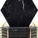 Absorbent Hexagon Black Marble Coasters for Drink with Gold Holder and Cork Base Set of 6 Decorative Tabletop Protection for Bar Kitchen Home and Dining Room