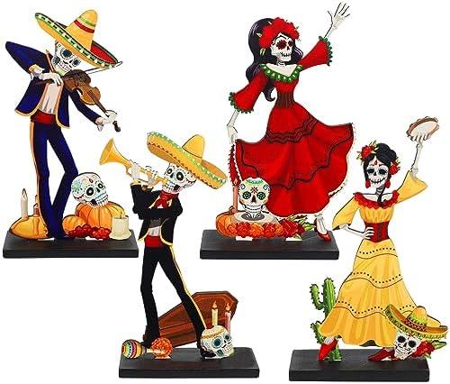 Strdfeve 4 Pieces Day of The Dead Table Top Decorations Wooden Halloween Sign for Mexican Fiesta Decorations,Dia De Los Muertos Centerpieces for Table