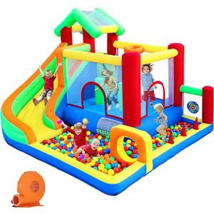 PZGEQ Bounce House, Inflatable Bounce Castle with Ball Pit for Kids 3-12, Blow Up Jumping Castle with Slide, Obstacles, Climbing Wall, Inflatable Bouncy Castle Jump House for Indoor Outdoor Backyard