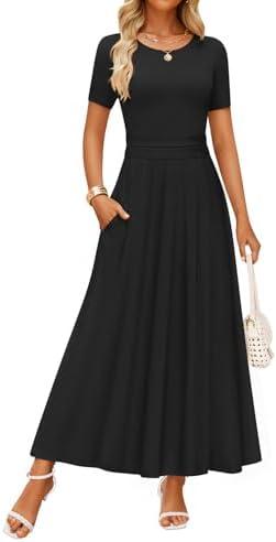 ZESICA Women's Summer Short Sleeve Maxi Dress 2025 Casual Crewneck Pleated A Line Flowy Long Dresses with Pockets, Large