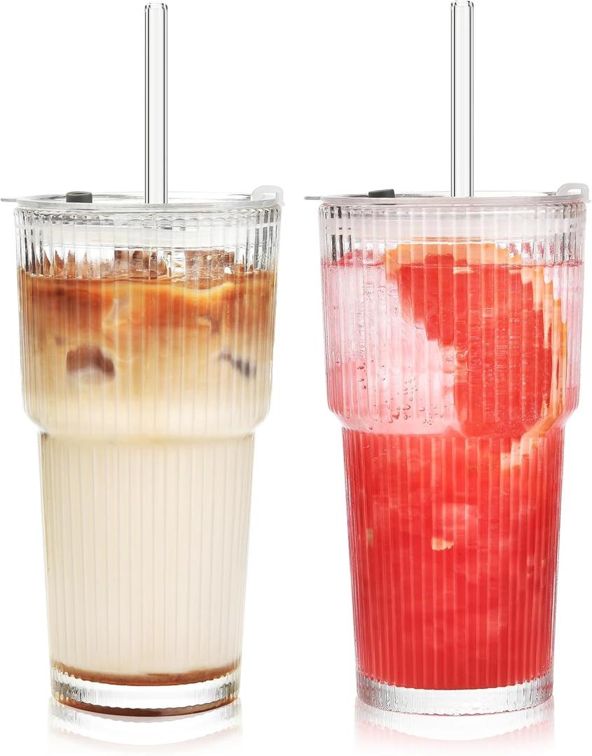 ALINK 20 oz Ribbed Glass Tumbler with Lids and Straws, Ripple Iced Coffee Cups, Thickened Drinking Glasses for Coffee, Smoothies, Cocktail, Juice, Cold Drinks, Pack of 2 - Clear