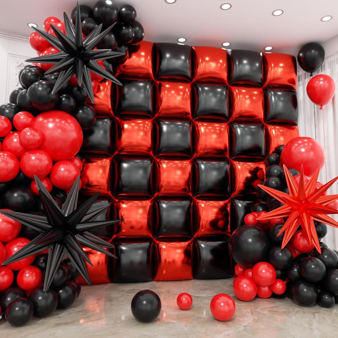 36pcs Red and Black Square Foil Balloons Wall Backdrop with 147pcs Balloon Garland Arch Kit, Double Sided Balloons for Birthday Prom Anniversary New Year Graduation BBQ Casino Party Decorations