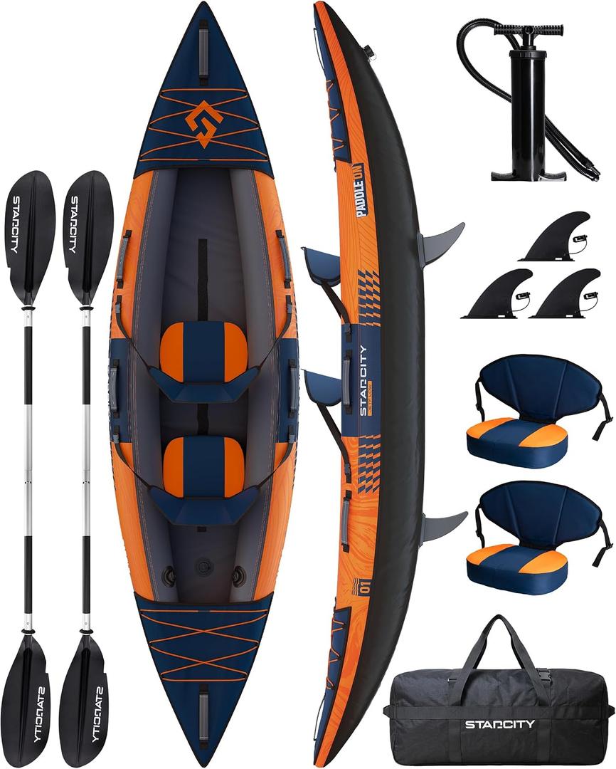 Inflatable Sit-on-Top Tandem Kayak, Wide Stable 12'2"*36"*13", 600 lb Capacity, Touring Fishing Performance, Adjustable Seat Footrest, for Lake Coastal Exploration, Family, Beginners, Anglers