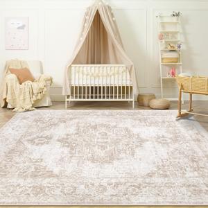 Area Rug 4x6 Vintage Rug: Washable Indoor Medallion Rugs Low Pile Distressed Floor Carpet Retro Accent Rug for Living Room Bedroom Kitchen Dining Table Home Office(Beige, 4'x6')