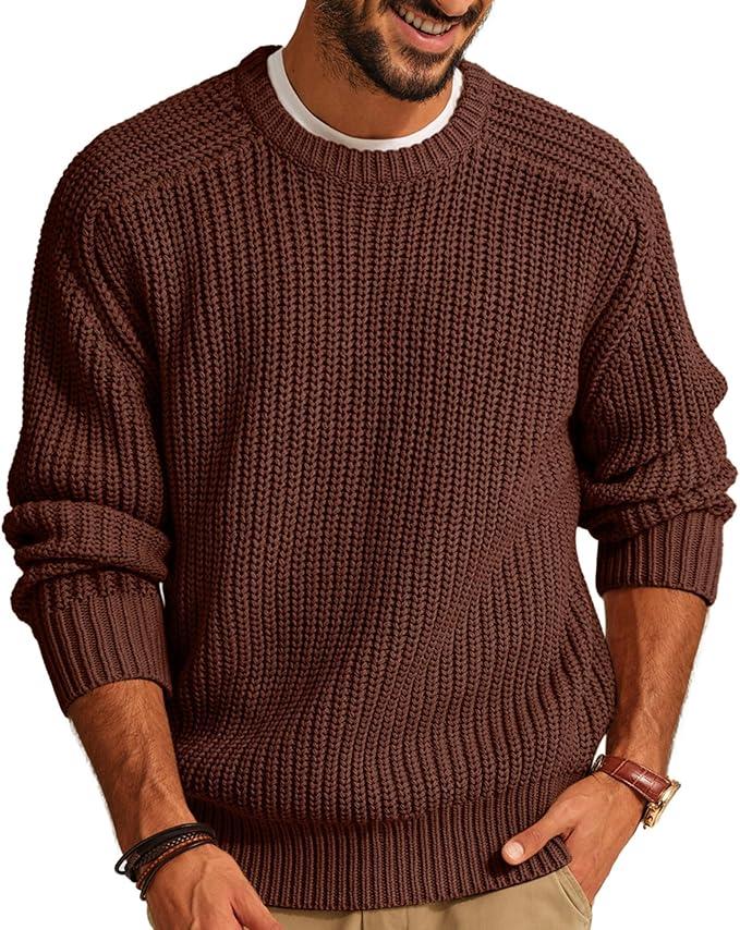 PJ PAUL JONES Mens Knit Textured Sweater Crewneck Casual Pullover Sweater Winter Warm Coffee XL