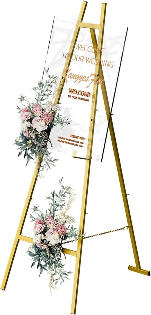 Large Easels for Display, Gold Decorative Metal Poster Easel Stand for Sign Wedding Welcome Sign Floor Stand with Adjustable Chain Support for Art, Picture Frame, Mirror (50" H)