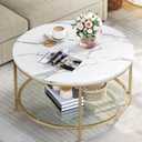 YITAHOME White Marble Round Coffee Table with Glass for Living Room, 2-Tier Circle Coffee Table with Storage Clear Coffee Table, Simple Modern Center Cocktail Table, White & Gold
