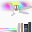 52" RGB Ceiling Fan with Light and Remote/App - Flush Mount Ceiling Fan Light with Reversible Mute Motor, RGB Ring, 5 Dual-Sided Blades, Low Profile Ceiling Fans for Indoor, Party