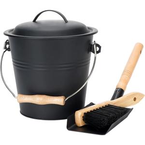 1.5-Gallon Metal Ash Bucket with Lid, Shovel, Broom - For Fireplaces, Wood Stoves