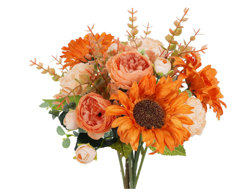 Fall Flowers Artificial Sunflowers Bouquet Silk Flowers Faux Peony Faux Florals Arrangements Fall Decor for Home Table Centerpiece Wedding Autumn Indoor 14inch