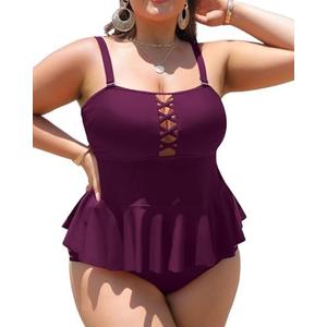 Yonique Plus Size Swimsuits for Women Tummy Control Two Piece Bathing Suits Peplum Tankini Tops High Waisted Swimwear, 14 W