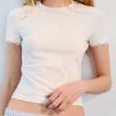 ZESICA Women's Lace Short Sleeve Fitted Tops 2026 Summer Crewneck Casual Basic Tees Tops Going Out Fashion Outfits Apricot Medium