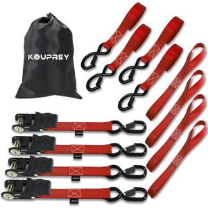 Ratchet Straps, Boat Tie Down Straps to Trailer, Motorcycle Straps, Kayak Tie Downs, 4-PK 1" x 15ft, 1800 LB Break Strength Safety Lock S Hooks & 4 Soft Loops-Secure, Rubber Coated Handle Red