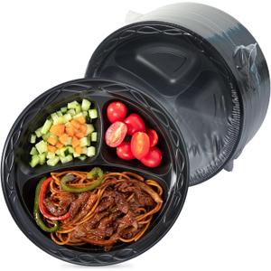 Plastic Plates Mineral Filled PP 9" - 150 Pack Shrink Wrap BPA Free Dinner Tray | Dishwasher & Microwave Safe | 3 Compartment Heavy Duty Black Reusable & Disposable Plate for Party Catering