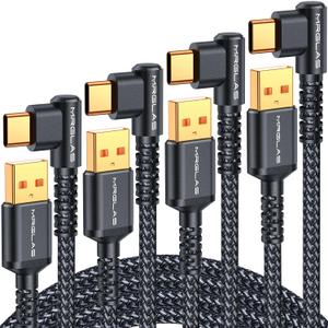 MRGLAS 3.2A USB C Charger Cable,[4-Pack,10+6.6+3.3+1.6FT] USB A to USB C Right Angle Gold-Plated Type C Charger Fast Charging Durable Braided Cord for iPhone 17 16 15 Samsung S10 Note 10 S21 LG-Black