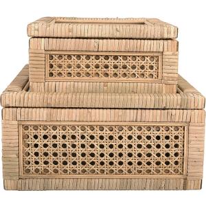 Creative Co-Op Modern Decorative Square Woven Rattan and Wood Display Boxes with Glass Top, Set of 2 Sizes, Natural Finish