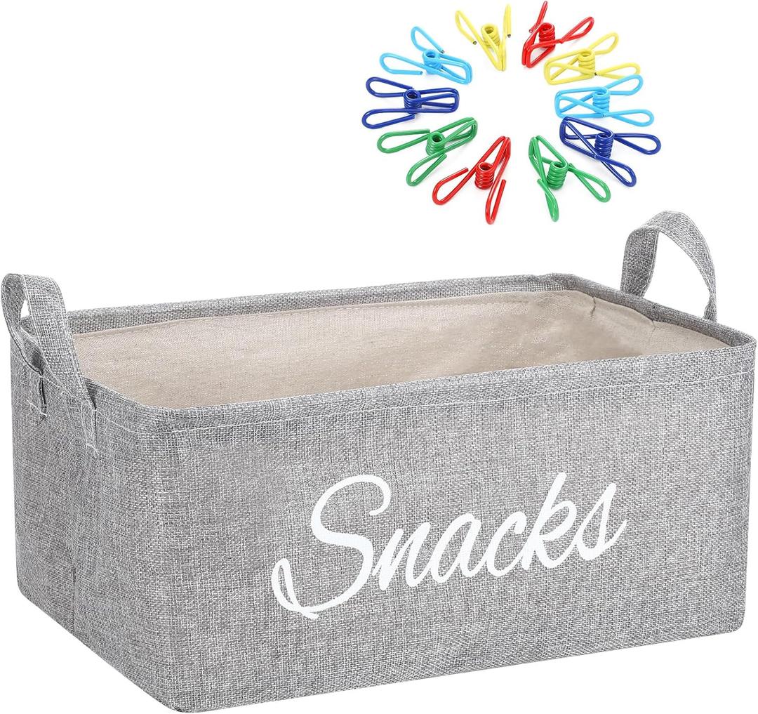 17 Pcs Snack Basket Sets, Snack Storage Bin for Pantry Shelves with 16 Pcs 2 Inch Chip Clips, Basket Organizer for Kitchen Home, Chips, Popcorn, Candy, Pretzels(Burlap,Grey)