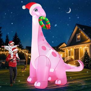 zukakii 12FT Giant Christmas Inflatables Decorations Outdoor Pink Dinosaur, Huge Christmas Blow Up Yard Decorations with Christmas Wreath Hat Build-in LED Light Strong Blower for Holiday Party Xmas