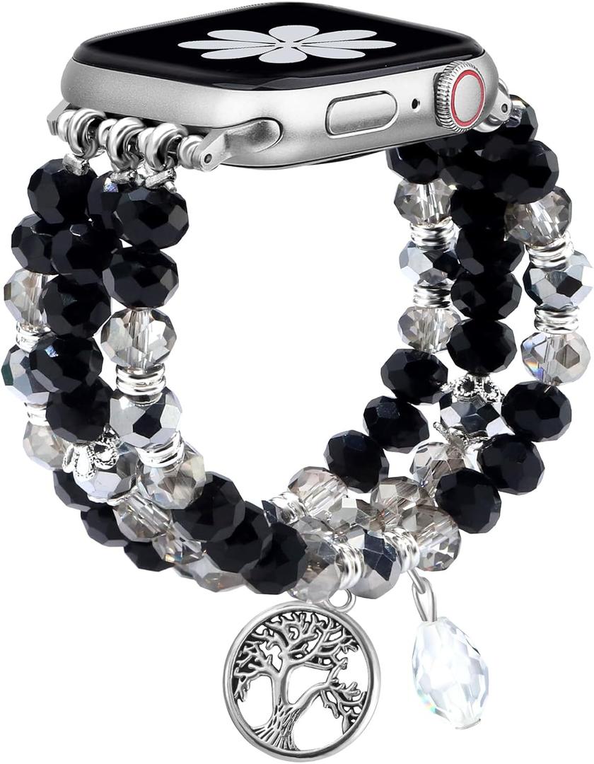 Bracelet Beaded Bands for Women Compatible with Apple Watch Band 42mm 44mm 45mm 46mm 49mm Fashion Handmade Boho Elastic Stretch Strap for iWatch Series 10/9/8/7/6/5/4/3/2/1/SE/Ultra 1 2 (A1 Black Silver)