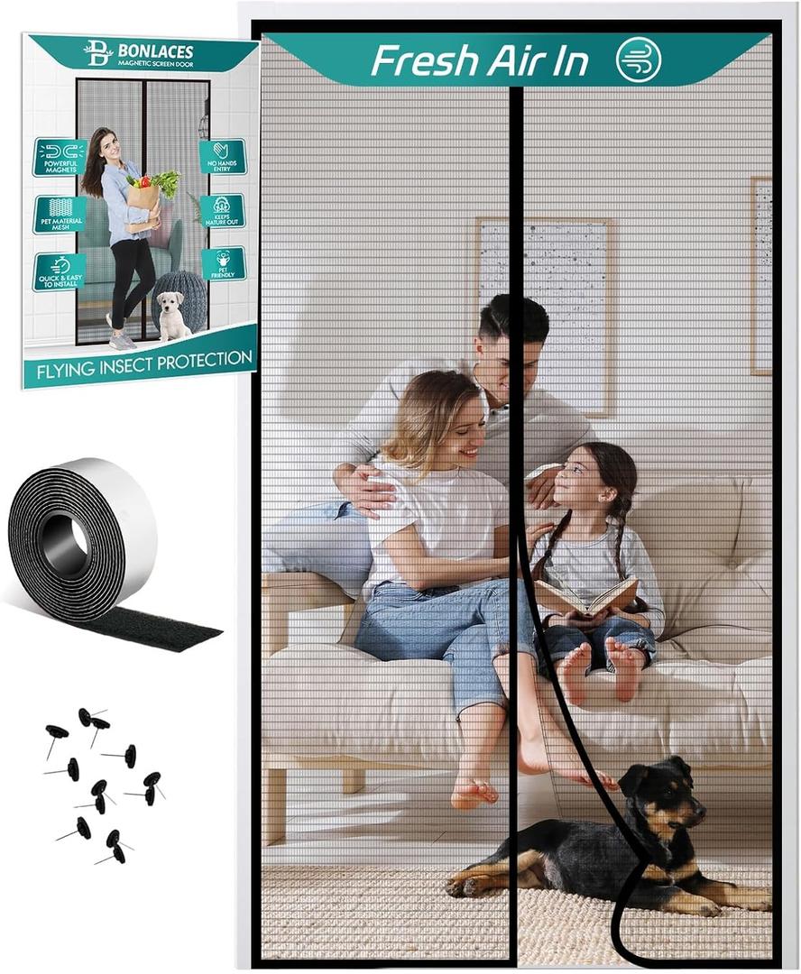 Magnetic Screen Door with Upgraded PET Material Mesh- Easy Installation, Tear-Resistant, Pet and Kid Friendly Screen 38"X84" Fit Door Size 36"X82" (Black)