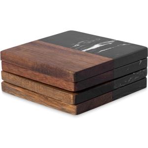 Marble Coasters: 4Piece Set of Acacia Wood Marble Coasters, Suitable for Kitchens, Offices, and can be Used as Gifts (Black Square)