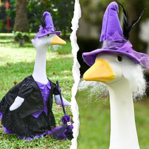 Halloween Witch Porch Goose Outfit for 23" Lawn Goose Statue, Porch Goose Costume, Fall Porch Goose Clothes, Feathered Hat, Collared Jacket, Tulle Skirt, Broom, Halloween Dcor (Witch Costume Purple)
