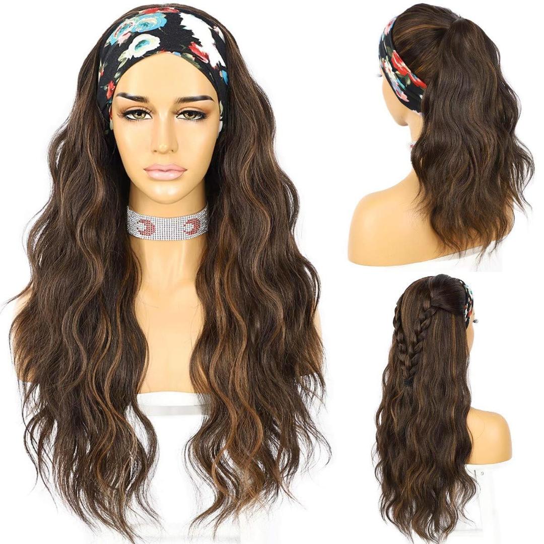 SAPPHIREWIGS Glueless Headband Wig Loose Body Wavy Synthetic Hair Wigs for Black Women Wave None Lace Front Wigs Mix Brown Color Machine Made Wigs 150% Density 26inch
